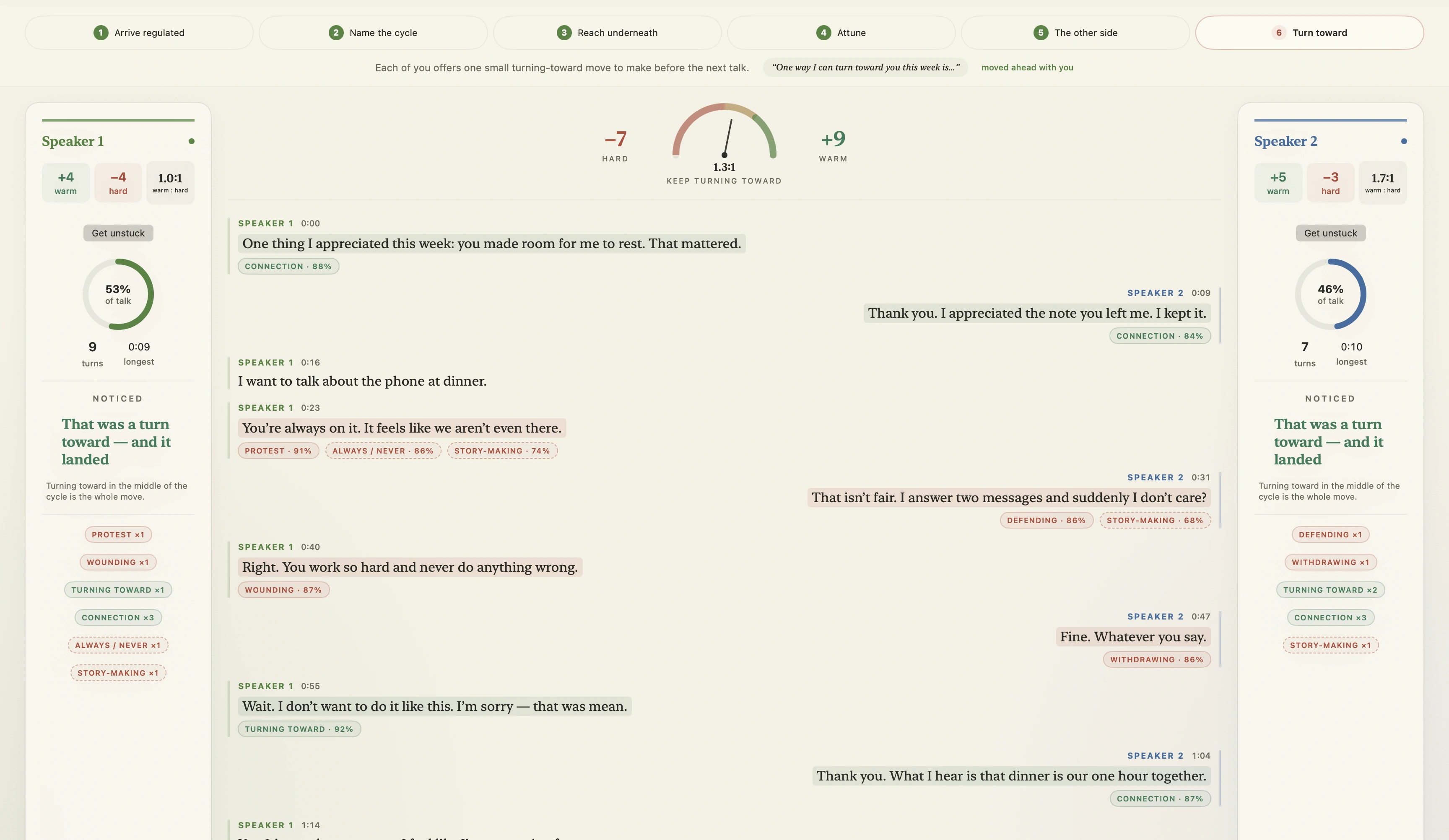 BetterTalk Mac app during an example conversation, showing live conversation balance, speaker turns, recurring patterns, and guidance